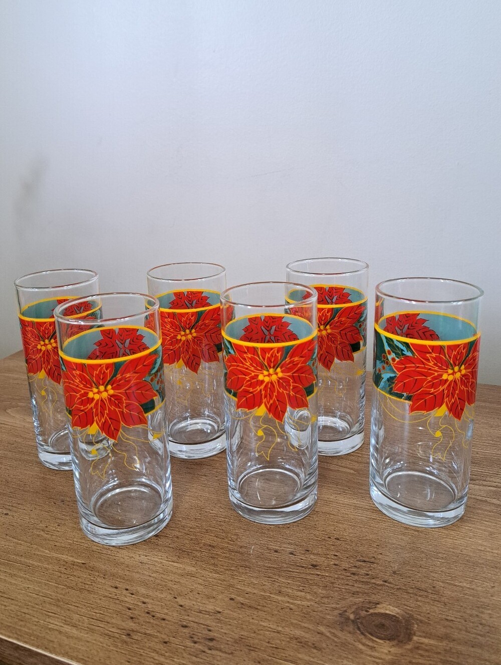 Vtg Libbey Christmas Poinsettia Glasses Set of 6 Holiday Tumblers Retro 80s 90s
